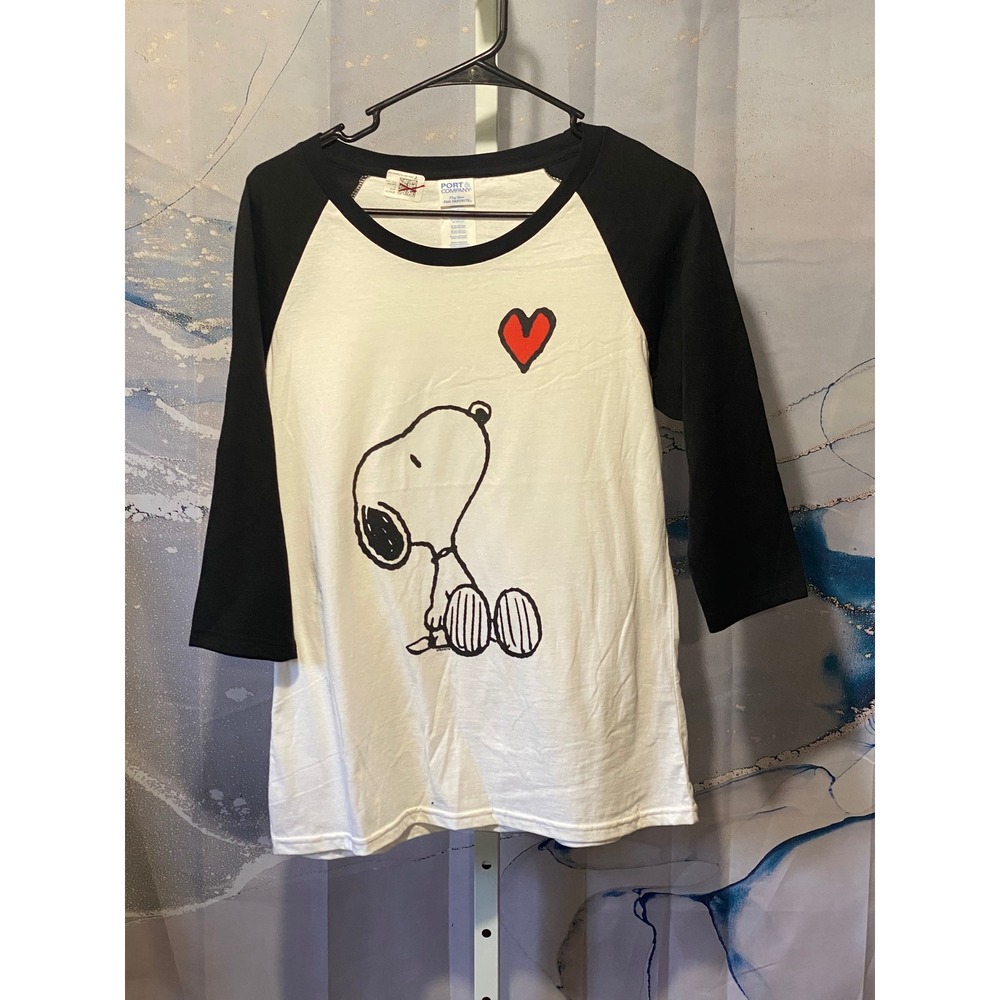 Snoopy Peanuts Port & Company Baseball Tee White Black Raglan 3/4 Sleeve Medium